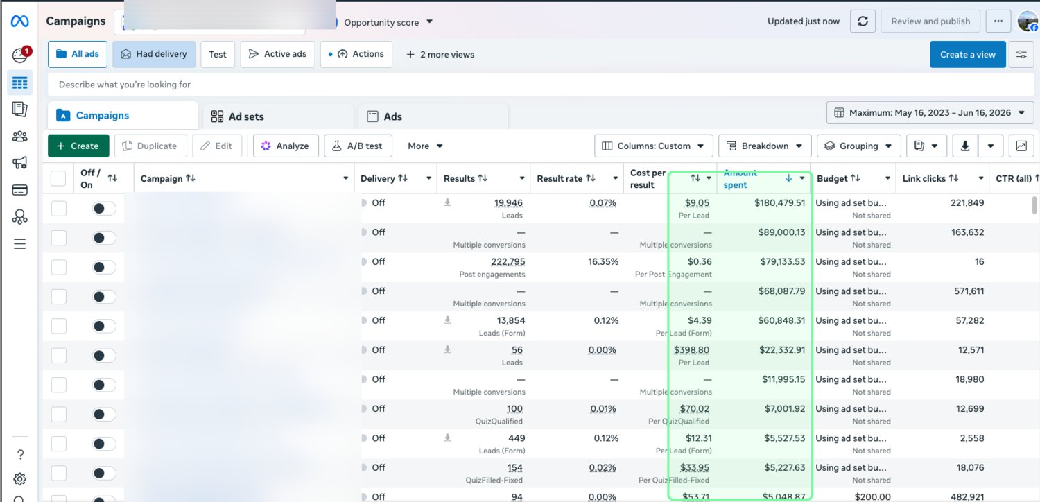 Live ad-account performance — client names blurred for privacy